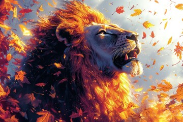 Majestic lion roaring amidst falling autumn leaves captures the essence of wild beauty