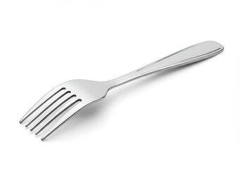 A shiny silver fork with four tines resting diagonally on a plain white surface with a subtle shadow