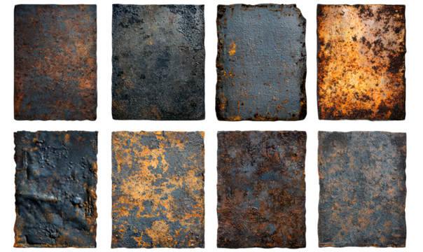 Textured Close-Up of Rusted Oxidized Aluminum Foil Sheets Isolate on Transparent Background, cutout, png