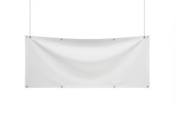A blank white vinyl banner hanging from wires with grommets isolated on a white background space