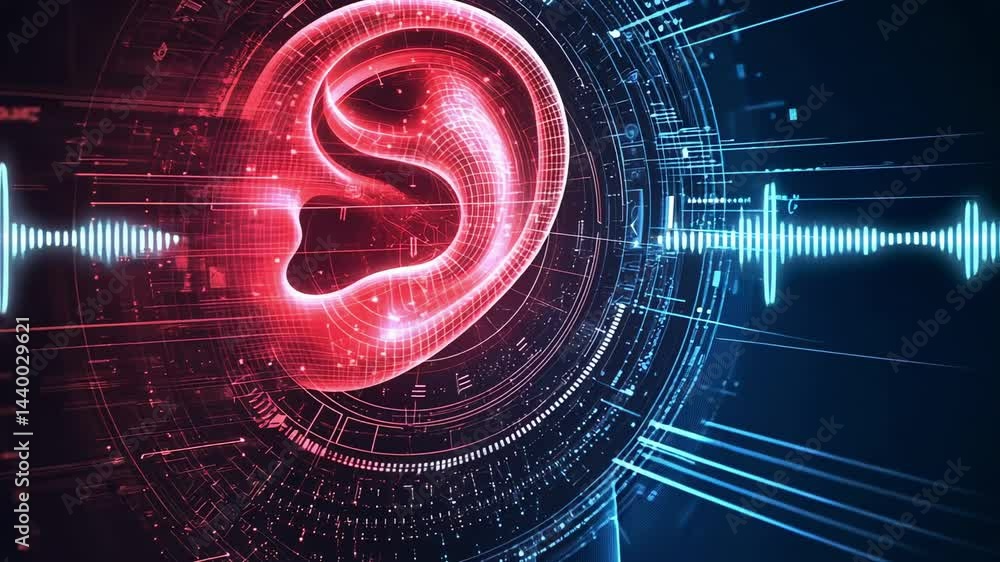 Poster futuristic medical visualization rendering digital sound waves processing through human ear interfac