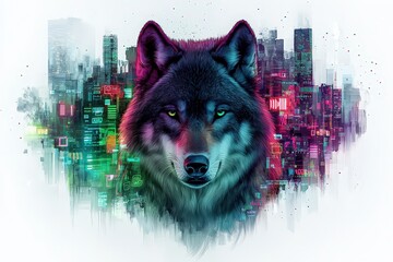 Futuristic cyber wolf: digital artwork of a wolf in a neon cityscape