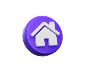 3D Home icon on a Purple circular base ideal for apps or home-related projects. 3d illustration