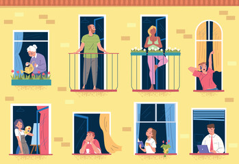 Neighbors in windows. Condo neighborhood, neighbor people in open window or balcony drink coffee and talk together building apartment community neighbour classy vector illustration