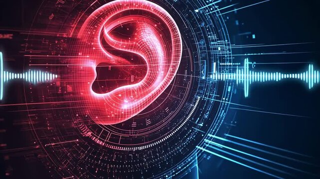 Futuristic medical visualization rendering digital sound waves processing through human ear interface with innovative blue acoustic signal lines