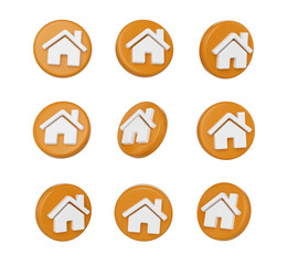 3D Home icons on a Orange circular base ideal for apps or home-related projects. 3d illustration
