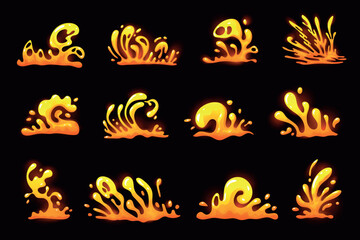 Lava splashes. Volcano eruption fire magma explosion effect, 2d video game vfx animation volcanic liquid wave splashes magic flame burst, cartoon hell swanky vector illustration