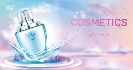Perfume cosmetic bottle on splashing water surface