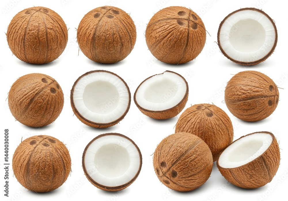 Poster A collection of whole and halved coconuts arranged on a white surface in a studio setting view