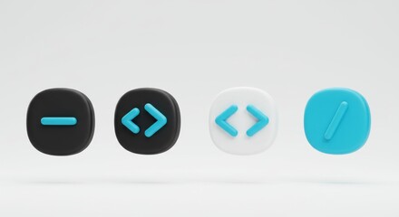 Minimalist Coding Icons: Matte Black and White with Teal Accents on Rounded Squares.