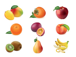 Realistic fruits. 3d isolated fruit, apple peach mango pear banana kiwi healthy food summer ripe sweet juicy ingredient fruity organic diet nutrition set exact vector illustration