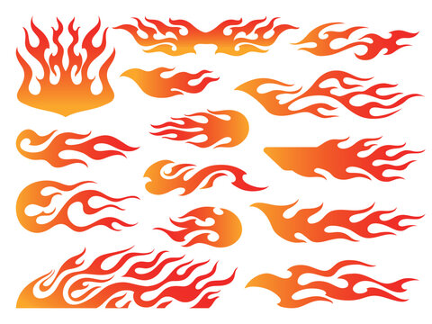 Racing flame emblem. Hot fire race patch design for auto car motorcycle decoration, hell devil blaze retro vintage tattoo logo red sticker burn speed decal tidy vector illustration