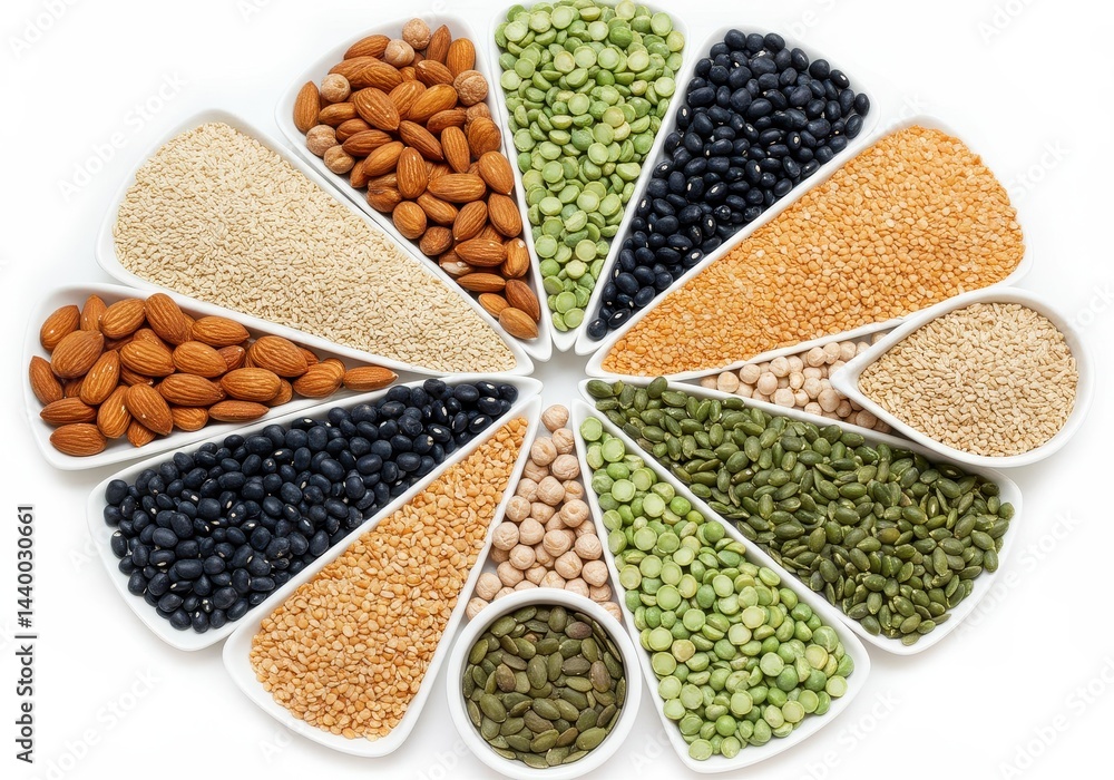 Aufkleber assortment of various seeds nuts and legumes arranged in a circular pattern on a white background