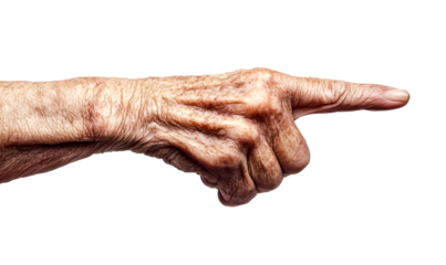 Elegant Hand Gesture of an Aged Individual Pointing Forward Isolate on Transparent Background, cutout, png