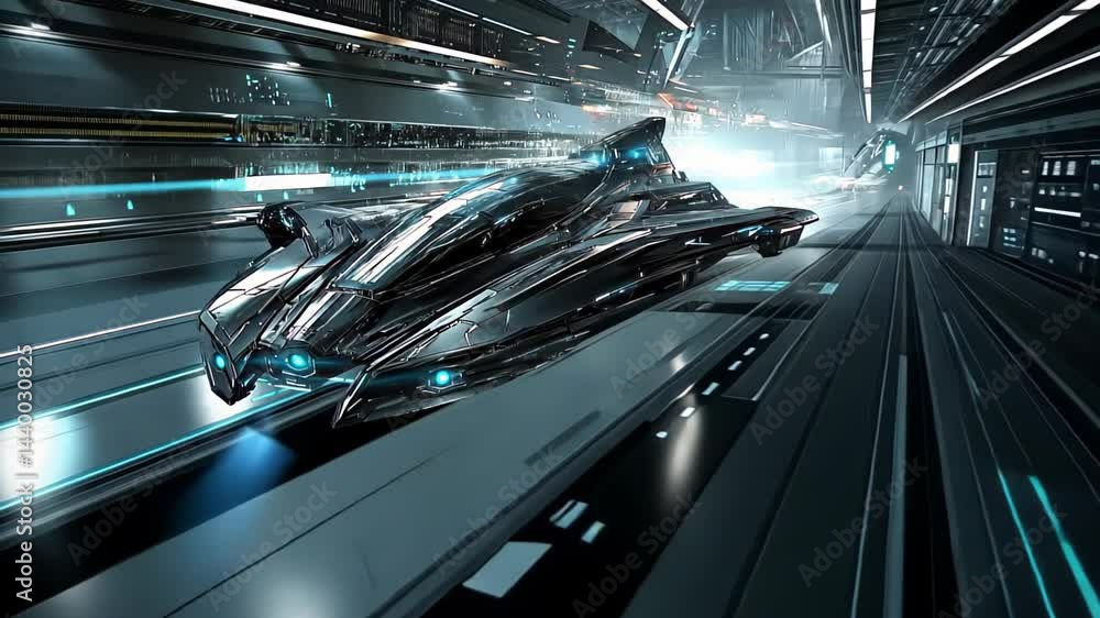 Poster futuristic spaceship glides through a luminous space station at high speed in a stunning sci-fi worl