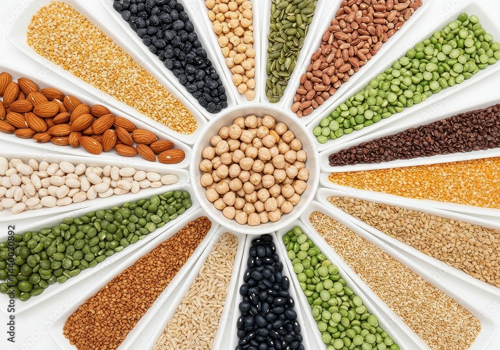 Aufkleber assortment of legumes nuts and seeds arranged in a circular pattern on a white background bowl in ce