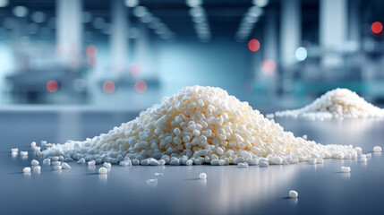Plastic polymer pellets in white color piled up on a factory table in modern industrial interior