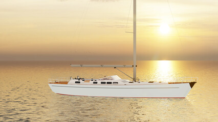 Luxury yacht cruising, sunset sky. Big sailing yacht boat driving on the ocean on a sunny day....