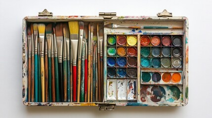 Artist toolkit with paintbrushes and watercolor paints in case