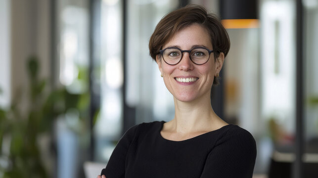 confident woman smiling in modern office environment, showcasing professionalism and approachability