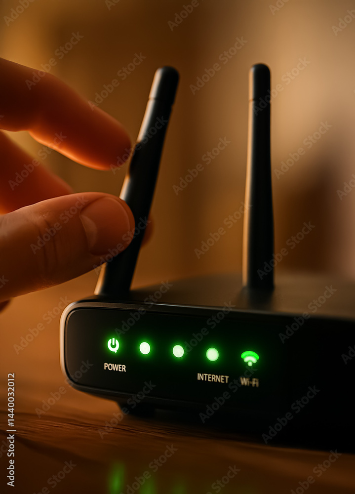 Poster hand adjusting a sleek wireless router with bright green indicator lights, showcasing stable power, 