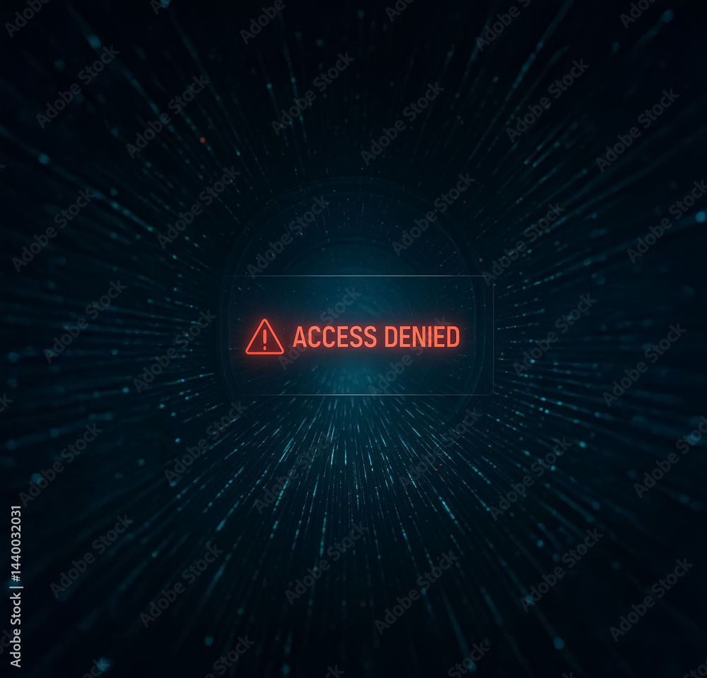 Poster futuristic access denied warning glowing in a cyber data tunnel, surrounded by high-speed digital pa