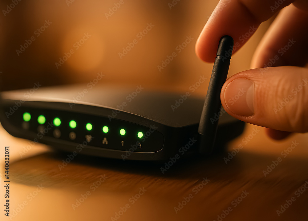 Poster human hand fine-tuning a modern router antenna with fully active green status indicators, symbolizin