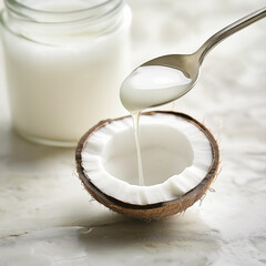 Coconut Oil Pours Smoothly From a Spoon Into a Coconut Shell Near a Glass Jar on a Marble Surface