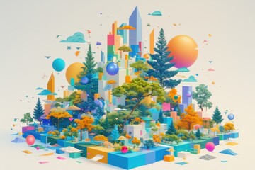 Naklejka premium Vibrant 3D cityscape merging with nature; colorful geometric shapes and trees coexist
