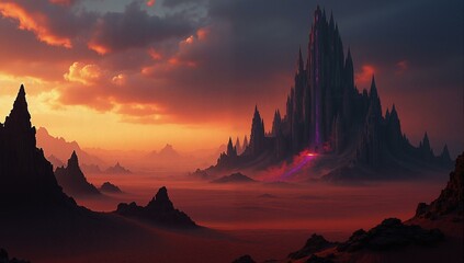 Naklejka premium Obsidian spires rise from rust dunes under a crimson sky; demonic metropolis with a towering structure.