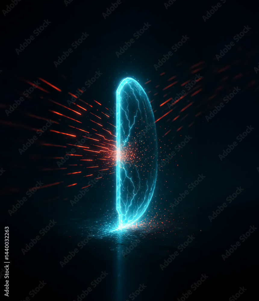 Poster powerful visual of a glowing blue digital firewall protecting against red cyberattacks in a dark vir