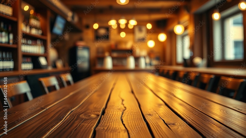 Poster empty wooden table rustic and blurred background of bar or pub for product display high quality phot