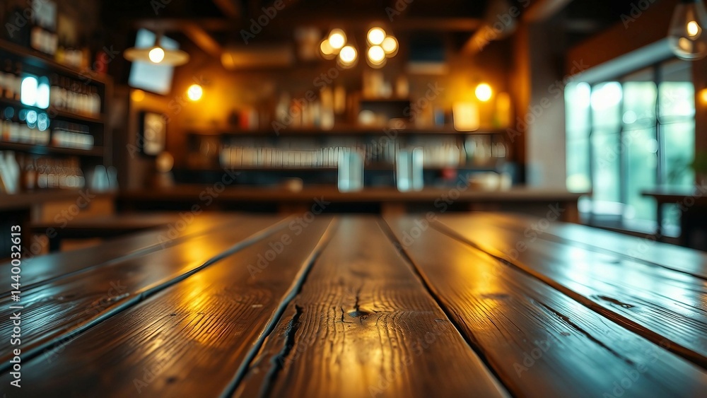 Aufkleber empty wooden table rustic and blurred background of bar or pub for product display high quality phot