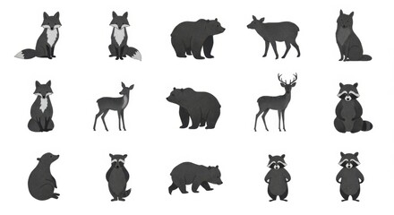 Naklejka premium Fox, Bear, and Deer Silhouettes in Static Poses on White Background