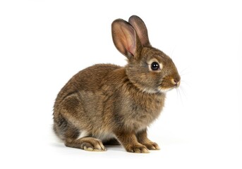 Fototapeta premium A small brown rabbit sitting on a white background looking to the right with long ears upright