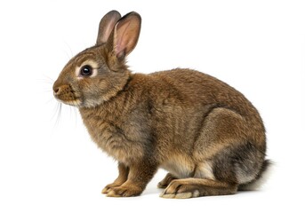 Fototapeta premium A brown rabbit sitting upright with its ears perked on a plain white studio background looking to the left
