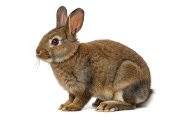 Obraz premium A brown rabbit sitting on a white background in a studio with its ears perked up looking ahead