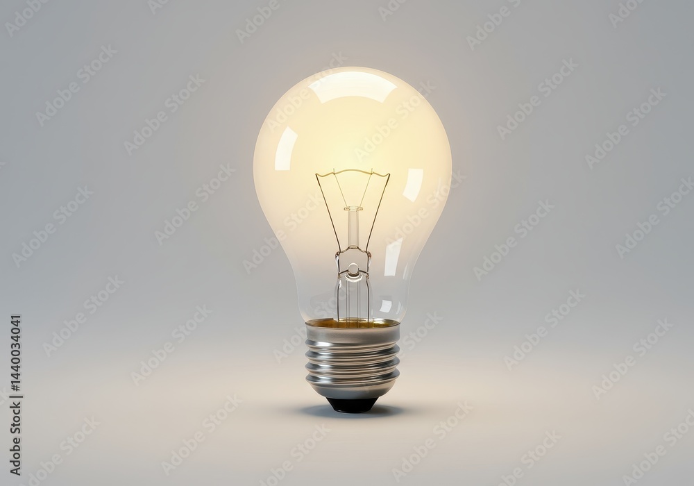 Poster a glowing light bulb with a filament is centered on a plain light gray colored background surface vi