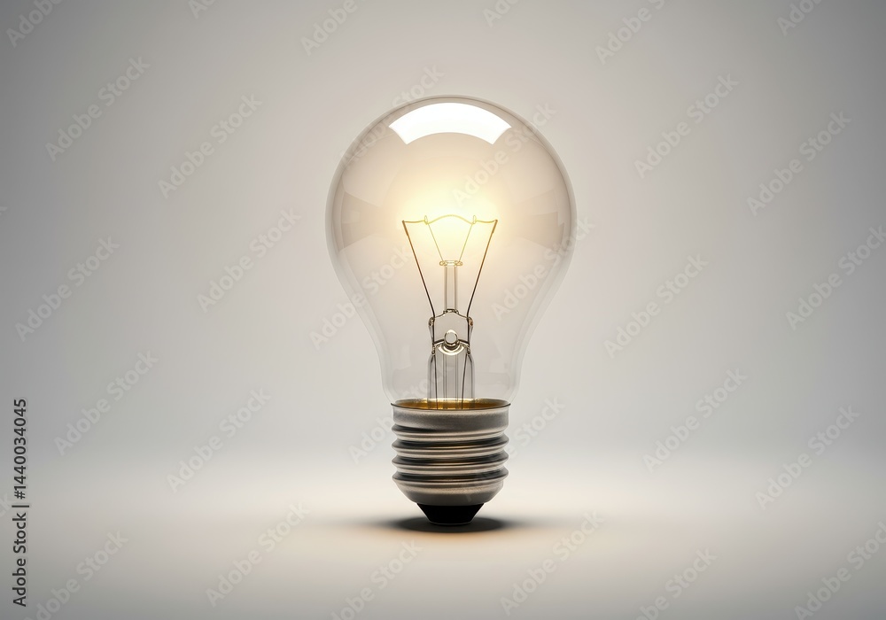 Poster a glowing light bulb with a visible filament against a soft white gradient background studio shot