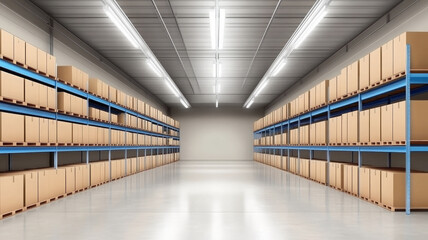 Obraz premium Spacious storage area with organized shelves and empty cardboard boxes creates neat environment