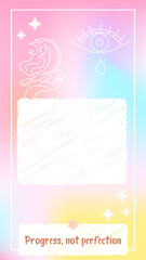 Vertical pastel vector template with hand holding moon, crying eye icon and Progress not perfection text. Motivational message with calm colors. Stock vector illustration in flat style.