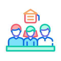 Colorful Icon Illustrating a Courtroom with Judge, Jury, and Legal Symbol