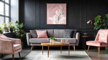 Modern living room, gray sofa, pink accents, plants, wall art