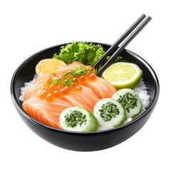 Fresh salmon bowl with rice, citrus, and caviar