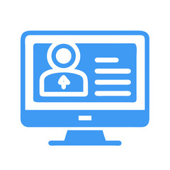 Blue computer screen icon featuring profile information on a black background