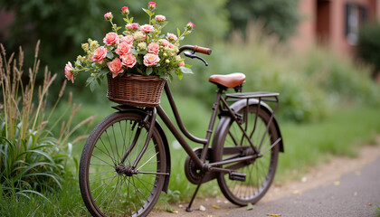 Fototapeta premium Vintage Bicycle with Floral Basket in a Vibrant Garden