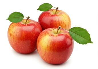 A group of three red apples with green leaves on a white background in a close up still life shot
