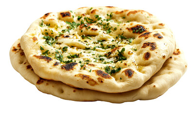 Delicious Garlic Butter Naan Bread with Fresh Herbs Garnish Isolate on Transparent Background, cutout, png