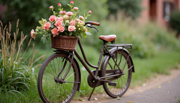 Vintage Bicycle with Floral Basket in a Vibrant Garden