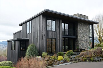 Fototapeta premium Modern architectural design features a unique blend of wood and stone in a hillside residence surrounded by lush landscaping and breathtaking views at dusk
